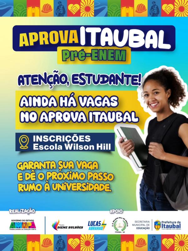 As inscrições para o Aprova Itaubal Pré-ENEM seguem abertas na Escola Wilson Hill. Essa é mais uma oportunidade para os estudantes do nosso município se prepararem com mais qualidade e confiança para o ENEM.