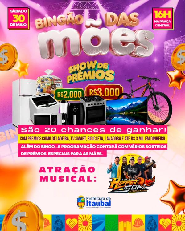 O Bingão das Mães 2026 vem aí, e a Prefeitura de Itaubal preparou uma tarde especial, cheia de prêmios, alegria e muita animação para homenagear as mães do nosso município!
